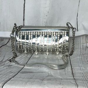 Round Mini Roll Bag Evening Handbag Silver Metallic Rhinestone Purse
